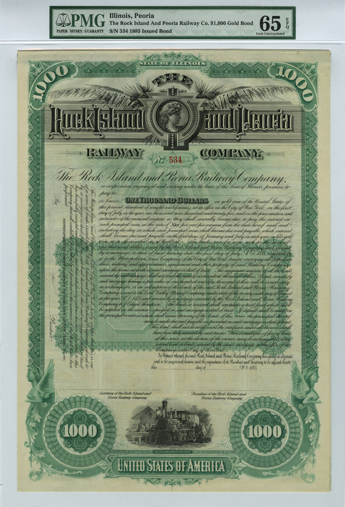 Rock Island and Peoria Railway - PMG 65EPQ Graded 1885 dated $1000 Unissued Railroad Gold Bond